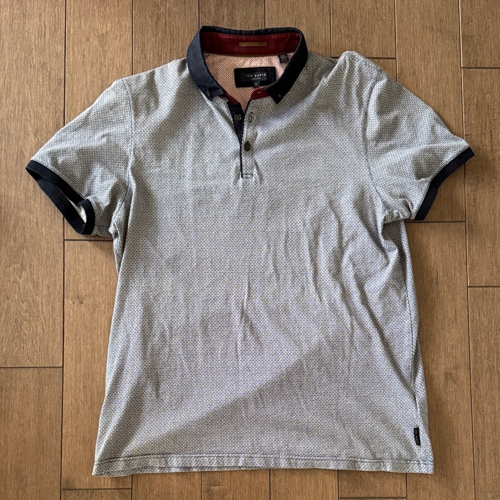 Ted Baker Short-Sleeve Polo in Light Gray with Navy Collar